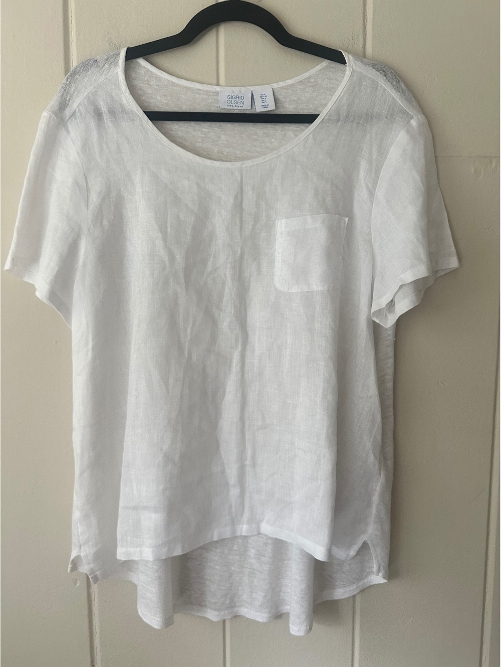 Sigrid Olsen White 100% Linen Top Pocket High Low Short Sleeve Shirt Size Large